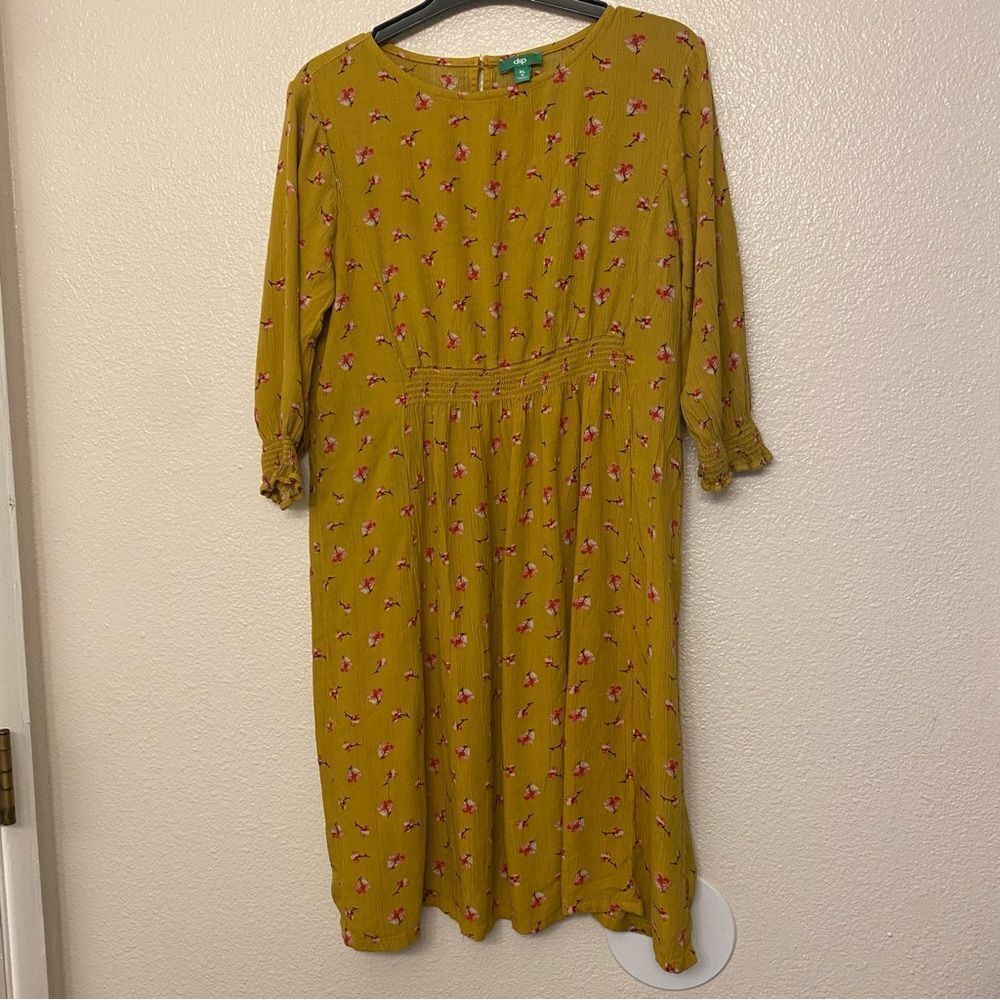 Dip yellow floral print crinkle rayon fabric crewneck long sleeve Dress XL 16